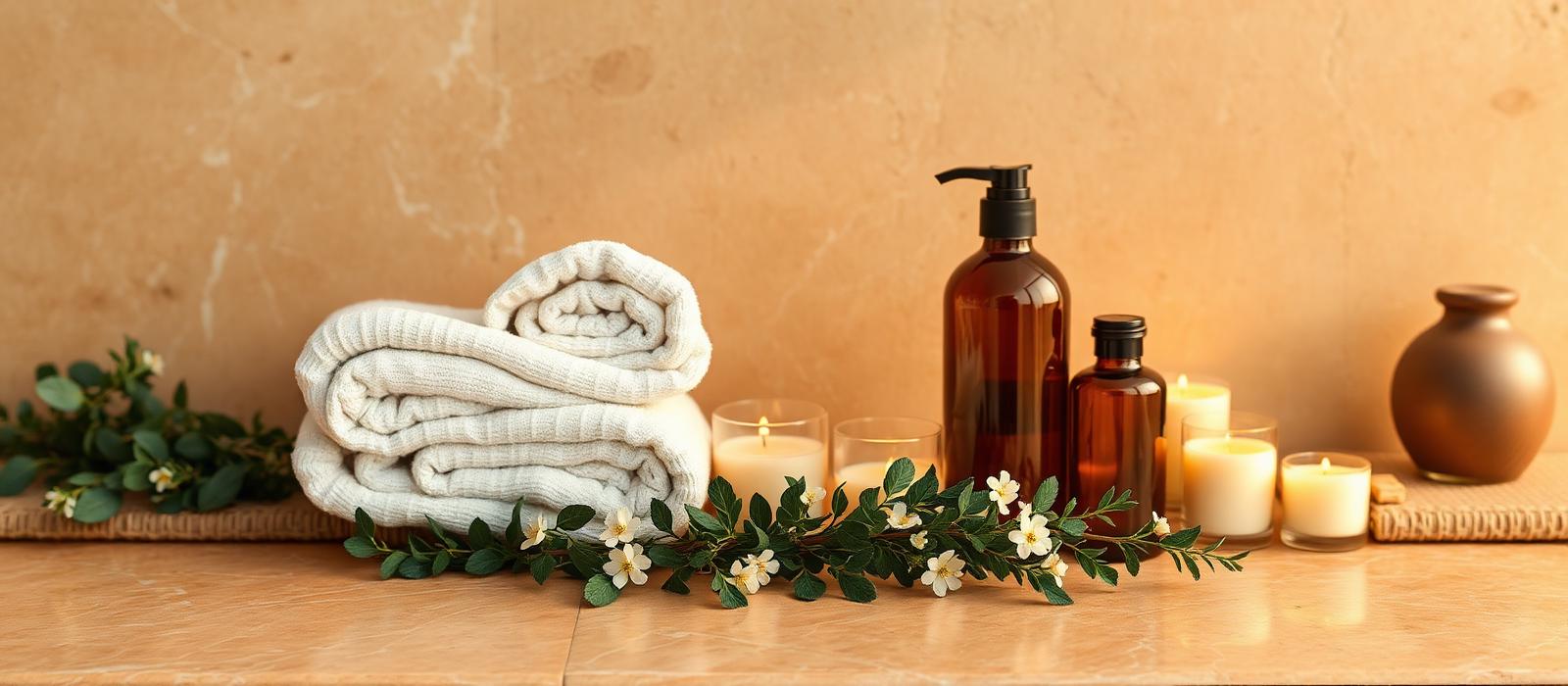 Spa arrangement with candles, towels and botanical oils