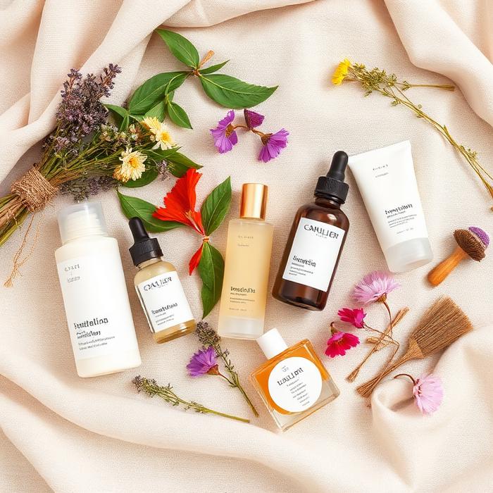Botanical beauty flat-lay with fresh herbs